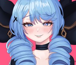 1girl black_bow black_choker blue_eyes blue_hair blush bow choker collarbone gwen_(league_of_legends) hair_ornament highres large_bow league_of_legends parted_lips pink_background sileoyo_(kdkinnis) simple_background smile teeth x_hair_ornament rating:Sensitive score:6 user:danbooru