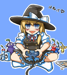  1girl @_@ beer_can black_headwear black_skirt black_vest blue_background blue_pikmin blush bow breasts can commentary_request controller cookie_(touhou) dried_squid drink_can frilled_skirt frills full_body game_controller gamecube_controller grey_eyes hair_bow hat hat_bow holding holding_controller holding_game_controller indian_style kinu_(cookie) kirisame_marisa long_hair looking_at_viewer medium_bangs medium_breasts nintendo no_shoes open_mouth outline pikmin_(creature) pikmin_(series) pikmin_2 purple_pikmin red_pikmin sapporo_beer simple_background sitting skirt smile socks touhou translation_request triangle_mouth tsukuru_hajime vest white_bow white_outline white_pikmin white_socks witch_hat yellow_pikmin 