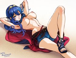  1girl arms_behind_head artist_name belt blue_footwear blue_hair blue_shorts breasts cape dated expressionless fire_emblem hair_between_eyes long_hair looking_at_viewer lucina_(fire_emblem) lying mina_cream nintendo nipples on_back rope sand sandals shorts solo tagme third-party_edit toenails toes topless 