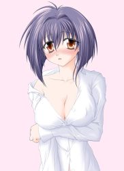  00s 1girl arm_under_breasts bad_id bad_pixiv_id bare_shoulders blush breast_hold breasts brown_eyes cleavage covered_erect_nipples karin large_breasts maaka_karin no_bra open_clothes open_shirt purple_hair satanachia shirt short_hair solo 