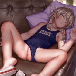 1girl absurdres asakuraf blonde_hair blue_one-piece_swimsuit blush breasts censored cleft_of_venus closed_eyes clothing_aside couch female_focus hair_ornament highres idolmaster idolmaster_cinderella_girls loli lying on_back on_couch one-piece_swimsuit pillow pussy school_swimsuit shoes single_shoe sleeping small_breasts solo swimsuit swimsuit_aside uwabaki yusa_kozue rating:Explicit score:294 user:Panty_worm