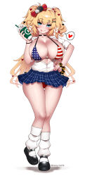  1girl :p absurdres akai_haato alternate_costume american_flag_bikini amesuku_gyaru animal_print bikini bikini_under_clothes black_choker black_footwear blonde_hair blue_eyes blue_skirt blush breasts breasts_out choker cleavage commentary drink english_commentary flag_print flower full_body gyaru hair_flower hair_ornament hairclip hand_on_own_hip heart heart_hair_ornament highres holding holding_drink hololive honeymelon huge_breasts kogal leopard_print long_hair looking_ahead looking_at_viewer loose_socks mary_janes microskirt nail_polish open_clothes open_shirt partially_unbuttoned pink_nails plaid plaid_skirt pleated_skirt school_uniform scrunchie shadow shirt shoes simple_background skirt sleeves_rolled_up socks solo spoken_heart standing standing_on_one_leg straight-on swimsuit thighs tongue tongue_out twitter_logo twitter_username two_side_up virtual_youtuber white_background white_shirt white_socks wrist_scrunchie wristband x_hair_ornament  rating:Questionable score:40 user:danbooru
