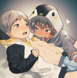 2boys _grab animal_hood blush briefs brown_eyes bulge commission crotch_grab erection erection_under_clothes gradient_background green_eyes grey_hair grey_hoodie hand_on_another&#039;s_crotch heart hood hoodie kimura_b licking licking_nipple male_focus male_underwear multiple_boys navel nipple_stimulation open_clothes open_hoodie open_mouth original patterned_clothing penguin_hood short_hair shota skeb_commission sweat underwear yaoi rating:Questionable score:142 user:danbooru