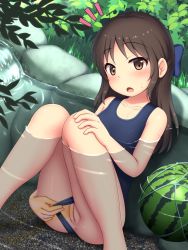 1girl anus arisu_kazumi blue_bow blue_one-piece_swimsuit blush bow breasts brown_eyes brown_hair cleft_of_venus clothing_aside collarbone decensored flat_chest food fruit grass hair_bow hand_on_own_knee heart idolmaster idolmaster_cinderella_girls leaf loli looking_at_viewer one-piece_swimsuit open_mouth partially_submerged peeing peeing_underwater ponytail pussy_slip rock sitting small_breasts surprised swimsuit swimsuit_aside tachibana_arisu third-party_edit tree uncensored underwater water watermelon wet rating:Explicit score:165 user:schwarz-wohlf