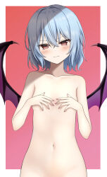  1girl absurdres bat_wings blue_hair blush border breasts closed_mouth collarbone commentary completely_nude covering_breasts covering_privates cowboy_shot crossed_bangs eyelashes groin hair_between_eyes hands_up highres looking_at_viewer nail_polish navel no_headwear nude out-of-frame_censoring pink_nails red_background red_eyes remilia_scarlet seductive_smile short_hair simple_background slit_pupils small_breasts smile solo szl touhou tsurime v-shaped_eyebrows white_border wings  rating:Questionable score:19 user:danbooru