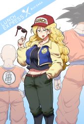  :p alternate_costume bald belt black_hair blonde_hair boots breasts cleavage dragon_ball dragonball_z hat highres jacket kuririn large_breasts long_hair lunch_(dragon_ball) mannungei midriff pants son_goku sunglasses tongue tongue_out  rating:Sensitive score:32 user:anonanon2