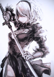  1girl absurdres black_dress blindfold blurry breasts cleavage_cutout clothing_cutout cowboy_shot dress female_focus gloves gradient_background hairband highres juliet_sleeves long_sleeves mole mole_under_mouth nier:automata nier_(series) nonokuro puffy_sleeves short_hair silver_hair simple_background sketch solo square_enix standing sword thighhighs weapon 2b_(nier:automata)  rating:Questionable score:11 user:NieR2B