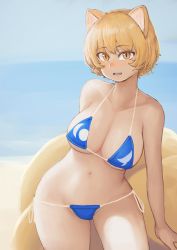  1girl absurdres animal_ears beach bikini blonde_hair breasts chanta_(ayatakaoisii) cleavage collarbone contrapposto day fox_ears fox_tail groin highres large_breasts leaning_to_the_side looking_at_viewer multiple_tails navel no_headwear open_mouth outdoors short_hair solo swimsuit tail teeth touhou yakumo_ran  rating:Sensitive score:9 user:danbooru