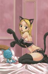 animal_ears bed blonde_hair breasts cat_ears cat_tail cleaned closed_eyes fairy_tail happy_(fairy_tail) highres large_breasts lucy_heartfilia mashima_hiro official_art pillow tail rating:Sensitive score:110 user:jojosstand