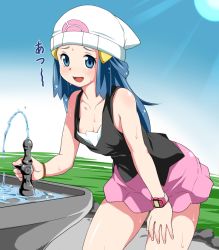 00s 1girl areola_slip bad_id bad_pixiv_id bare_shoulders blue_eyes blue_hair blush breasts creatures_(company) dawn_(pokemon) downblouse drinking_fountain endou_masatoshi game_freak gradient_background hat leaning_forward long_hair looking_at_viewer matching_hair/eyes nintendo nipple_slip nipples open_mouth pokemon pokemon_dppt sexually_suggestive sky small_breasts smile solo sweat watch water rating:Questionable score:78 user:danbooru