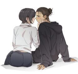  1boy 1girl arm_support black_hair black_hoodie black_pants blush brown_hair closed_mouth collared_shirt couple eren_yeager eye_contact facial_scar from_behind hair_pulled_back hand_on_another&#039;s_face hood hood_down hoodie long_sleeves looking_at_another mikasa_ackerman pants pudelmudel scar scar_on_cheek scar_on_face shingeki_no_kyojin shirt short_hair sitting white_background white_shirt 