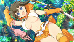  1girl bikini bikini_top_only blue_eyes breasts brown_hair buckle capelet cosplay crossover elbow_gloves fang fangs forest forest_keeper_nowa gloves groin holding holding_weapon large_breasts looking_at_viewer minori_(senran_kagura) monkey nature navel nowa_(cosplay) nowa_(queen&#039;s_blade) nowa_(queen's_blade) official_art open_mouth pleated_skirt queen&#039;s_blade ruu_(queen&#039;s_blade) senran_kagura senran_kagura_new_link skirt solo staff swimsuit thigh_gap tree twintails underboob weapon yaegashi_nan  rating:Sensitive score:65 user:danbooru