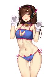  1girl ;3 adapted_costume alternate_costume bare_arms bare_shoulders bell blue_bra blue_panties blush bra breasts brown_eyes brown_hair cat_lingerie choker cleavage cleavage_cutout clothing_cutout collarbone cowboy_shot d.va_(overwatch) facial_mark fang frilled_bra frills gloves groin hands_up headphones highres jingle_bell long_hair looking_at_viewer matching_hair/eyes medium_breasts meme_attire navel neck_bell one_eye_closed open_mouth overwatch overwatch_1 panties paw_pose print_panties side-tie_panties smile solo stomach terupancake thigh_gap transparent_background underwear underwear_only whisker_markings white_background white_gloves  rating:Sensitive score:53 user:danbooru