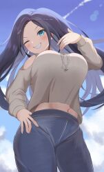  1girl black_hair blue_eyes blue_pants blue_sky blush breasts colored_inner_hair grey_shirt hand_on_own_hip highres isolatte kson large_breasts long_hair looking_at_viewer multicolored_hair navel one_eye_closed pants shirt sky smile virtual_youtuber vshojo 