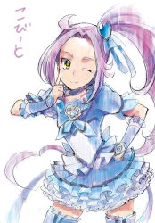 10s 1girl ahoge blue_dress blue_thighhighs boots choker cowboy_shot cure_beat dress eyelashes frilled_dress frills hair_ornament happy heart heart_hair_ornament kurocchirokko kurochiroko kurokawa_eren long_hair looking_at_viewer magical_girl one_eye_closed ponytail precure puffy_sleeves purple_hair seiren_(suite_precure) side_ponytail simple_background sketch smile solo standing suite_precure thigh_boots thighhighs translation_request white_background wrist_cuffs yellow_eyes zettai_ryouiki 