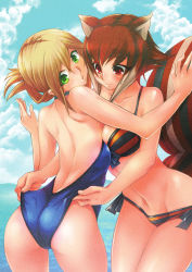  2girls absurdres adjusting_another&#039;s_clothes adjusting_clothes adjusting_swimsuit ahoge animal_ears ass back backless_outfit bare_back bikini blazblue blonde_hair brown_hair green_eyes highres makoto_nanaya multicolored_hair multiple_girls noel_vermillion non-web_source official_art one-piece_swimsuit red_eyes short_hair side-tie_bikini_bottom squirrel_ears squirrel_tail swimsuit tail two-tone_hair wedgie  rating:Sensitive score:25 user:danbooru