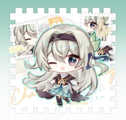  1girl ;d artist_name black_hairband chibi commentary firefly_(honkai:_star_rail) full_body grey_hair hairband highres honkai:_star_rail honkai_(series) long_hair looking_at_viewer one_eye_closed open_mouth postage_stamp procreate_(medium) purple_eyes sample_watermark smile solo watermark xingguang115 
