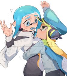  2girls agent_3_(splatoon) arms_up blonde_hair blue_eyes blue_hair blush commentary commission hat highres hug inkling inkling_girl inkling_player_character jacket lazy_fish long_hair multiple_girls nintendo open_mouth peaked_cap pointy_ears sample_watermark simple_background splatoon_(series) splatoon_3 sweat teeth tentacle_hair watermark white_background white_jacket yellow_eyes 