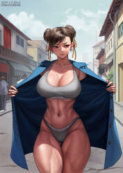  1girl 3boys abs averting_eyes blue_jacket breasts brown_eyes brown_hair capcom chun-li closed_mouth clothes_writing collarbone commentary copyright_name dated double_bun earrings elleciel.eud english_commentary exhibitionism flashing grey_panties grey_sports_bra hair_bun highleg highleg_panties highres jacket jewelry large_breasts multiple_boys navel open_clothes open_jacket open_mouth outdoors panties public_indecency road solo_focus sports_bra street street_fighter swept_bangs twitter_username underwear 