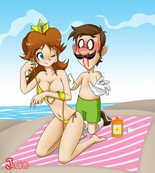 artist_request beach_towel bikini blood breasts cleavage luigi mario_(series) nintendo nosebleed princess_daisy smile super_mario_bros._1 super_mario_land swimsuit undressing wink rating:Questionable score:32 user:Furio