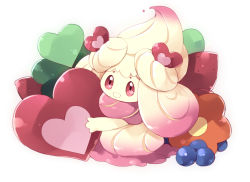  alcremie alcremie_(love_sweet) berry commentary_request creatures_(company) game_freak gen_8_pokemon holding kirimi_maguro looking_at_viewer nintendo no_humans open_mouth pokemon pokemon_(creature) red_eyes smile solo 