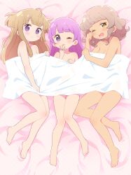 3girls ahoge bad_id bad_pixiv_id barefoot bed_sheet blonde_hair blunt_bangs blush breasts brown_eyes brown_hair closed_mouth dark-skinned_female dark_skin full_body hand_up highres ikzw loli long_hair looking_at_viewer lying manaka_non manaka_non_(normal) multiple_girls naked_towel on_back one_eye_closed open_mouth pretty_series pripara purple_eyes purple_hair rubbing_eyes short_hair sleepy small_breasts smile taiyo_pepper tongue tongue_out towel tsukikawa_chili tsukikawa_chili_(normal) two_side_up rating:Questionable score:42 user:danbooru