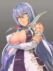 1girl blue_eyes breast_hold breasts bridal_gauntlets cleavage_cutout clothing_cutout covered_erect_nipples crossed_arms dress eyebrows from_behind grey_background hair_between_eyes hand_on_own_arm highres isabelle_(shadowverse) large_breasts long_hair looking_at_viewer looking_down multicolored_hair nandz parted_lips purple_hair shadowverse shiny_skin solo streaked_hair tan upper_body very_long_hair white_hair rating:Questionable score:36 user:danbooru