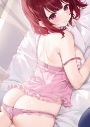  1girl arima_kana ass bare_shoulders blush breasts butt_crack closed_mouth from_behind lace lace_panties light looking_at_viewer lying machi_(7769) medium_breasts on_stomach oshi_no_ko panties pink_panties red_eyes red_hair short_hair sideboob smile solo underwear window  rating:Questionable score:35 user:UrBoykceR