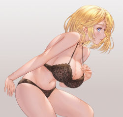 1girl absurdres bent_over black_bra black_panties blonde_hair blue_eyes bra breasts cleavage female_focus grey_background hand_on_own_chest highres hololive hololive_english honkivampy lace lace-trimmed_bra lace-trimmed_panties lace_trim large_breasts lips looking_at_viewer midriff mole mole_on_breast navel panties parted_lips profile short_hair simple_background smile solo underwear underwear_only virtual_youtuber watson_amelia rating:Questionable score:84 user:danbooru