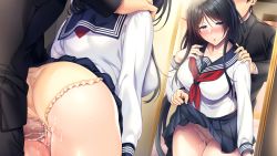 1girl :o ass azarashi_soft black_hair blue_eyes blush boku_to_kanojo_no_kojin_lesson breasts censored clothed_sex clothes_lift clothing_aside cum cum_in_pussy cum_on_body cum_on_lower_body embarrassed faceless faceless_male from_behind game_cg groin highres hinazuka_ryou indoors large_breasts legs lifted_by_self long_hair looking_at_mirror mirror mosaic_censoring panties panties_aside parted_bangs parted_lips penis pussy reflection sailor_collar school_uniform serafuku sex skirt skirt_lift standing standing_sex thighs tsukimori_misaki underwear rating:Explicit score:45 user:Ynyswydryn
