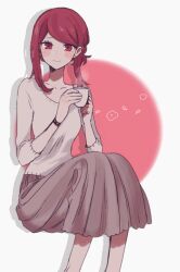  1girl blush bracelet cup drop_shadow holding holding_cup invisible_chair jewelry looking_at_viewer maco22 mug original ponytail red_eyes red_hair sitting skirt smile solo steam sweater 