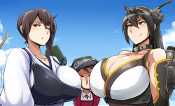 10s 3girls bare_shoulders between_breasts breast_smother breasts brown_eyes brown_hair chestnut_mouth cleavage collarbone face_to_breasts girl_sandwich hair_ornament head_between_breasts highres huge_breasts kaga_(kancolle) kantai_collection long_hair multiple_girls mumumu_(three_emu) nagato_(kancolle) ponytail ryuujou_(kancolle) sandwiched shiny_skin side_ponytail smile rating:Questionable score:65 user:Marcerner