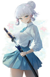  1girl absurdres alternate_costume alternate_hairstyle auui ayaka_(genshin_impact) blue_bow blue_bowtie blue_eyes blue_hair blue_skirt bow bowtie closed_mouth commentary_request cowboy_shot floral_background from_behind genshin_impact hair_bun hair_ribbon highres holding holding_sword holding_weapon katana light_blue_hair looking_at_viewer looking_back mole mole_under_eye pink_ribbon pleated_skirt ribbon scabbard sheath shirt sidelocks simple_background single_hair_bun skirt solo sword twisted_torso unsheathing weapon white_background white_shirt 