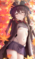 1girl :o blush breasts brown_hair g-string genshin_impact hat highres hu_tao_(genshin_impact) kidukatakio leaf long_sleeves looking_at_viewer maple_leaf midriff miniskirt navel open_clothes open_mouth pleated_skirt porkpie_hat red_eyes skirt small_breasts solo striped symbol-shaped_pupils thong twintails underboob rating:Sensitive score:76 user:danbooru