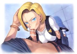  1boy 1girl :&gt;= absurdres android_18 bar_censor black_gloves blonde_hair blue_eyes bob_cut breasts censored denim dragon_ball dragonball_z earrings fellatio floor from_above gloves hand_on_another&#039;s_head hand_on_own_thigh hand_up hetero highres hoop_earrings jacket jeans jewelry kneeling large_breasts legs looking_at_viewer medium_hair mogudan mosaic_censoring necklace oral pants pearl_necklace penis pov shoes solo_focus sweatdrop testicles thighs tile_floor tiles  rating:Explicit score:112 user:Ynyswydryn