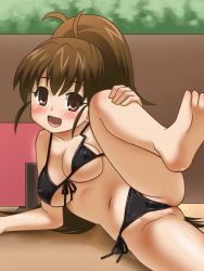 1girl :d arm_support awa bad_anatomy barefoot blush bra breasts brown_eyes brown_hair cameltoe cleft_of_venus covered_erect_nipples feet front-tie_top lying on_side open_mouth panties partially_visible_vulva ponytail side-tie_panties smile solo spread_legs taneshima_popura tareme underwear underwear_only working!! rating:Questionable score:72 user:internetlovemachine