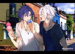  2boys :d absurdres artist_name blue_hair blue_shirt chewing closed_eyes collarbone commentary_request crow_armbrust eiyuu_densetsu food grey_hair highres holding holding_food holding_ice_cream holding_ice_cream_cone ice_cream ice_cream_cone jewelry kishiki0318 letterboxed male_focus multiple_boys necklace open_mouth outdoors purple_eyes rean_schwarzer sen_no_kiseki shirt short_hair smile twitter_username undershirt white_shirt 