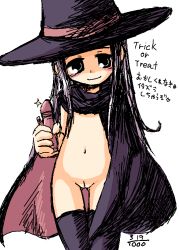 1girl blush cape cleft_of_venus dildo halloween hat ikkyuu loli navel nude pussy sex_toy simple_background smile solo source_request thigh_gap thighhighs translated trick_or_treat uncensored witch_hat rating:Explicit score:26 user:Tom23