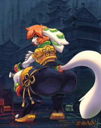 1girl aged_up animal_ears architecture ass ass_focus bodysuit bracelet breasts claws cube curvy dog_ears dog_tail east_asian_architecture eyebrows_hidden_by_hair eyelashes feet fingerless_gloves freedom_planet freedom_planet_2 from_behind furry galaxytrail gloves green_eyes huge_ass jacket jewelry long_tail looking_at_viewer looking_back medium_breasts milla_basset orange_hair outdoors short_hair skin_tight smile smirk snao_(asj) squatting tail thick_thighs thighs tiptoes toeless_footwear toeless_legwear