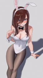 1girl animal_ears arm_support bare_shoulders black_bow black_bowtie blue_eyes blush bow bowtie breasts brown_hair cleavage detached_collar fake_animal_ears go-toubun_no_hanayome grey_background hair_between_eyes highres large_breasts leotard long_hair looking_at_viewer nakano_miku pantyhose parted_bangs parted_lips playboy_bunny rabbit_ears shadow simple_background sitting solo sooon strap_pull white_leotard wrist_cuffs rating:Sensitive score:97 user:danbooru