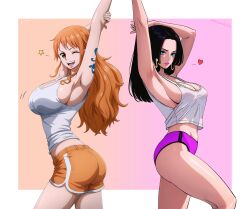  2girls absurdres boa_hancock breasts earrings highres jewelry large_breasts long_hair multiple_girls nami_(one_piece) one_piece prixmal  rating:Questionable score:42 user:jojosstand