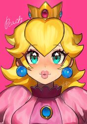  1girl absurdres aqua_eyes blonde_hair character_name commentary_request crown dancho_no_mori earrings eyelashes highres jewelry long_hair looking_at_viewer mario_(series) nintendo parted_lips pink_background pink_lips princess_peach simple_background solo sphere_earrings upper_body  rating:General score:6 user:danbooru