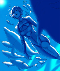  1girl bodysuit breasts dolphin female_focus short_hair solo swimsuit underwater  rating:Sensitive score:2 user:Tucuxi