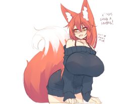  1girl :d animal_ear_fluff animal_ears bare_shoulders black_sweater blush breasts commentary dress english_text fang fox_ears fox_tail hair_between_eyes highres huge_breasts large_tail leaning_forward long_hair looking_back open_mouth orange_hair original sam_(sub-res) simple_background sketch sleeves_past_wrists smile solo strapless strapless_dress sub-res sweater sweater_dress tail white_background yellow_eyes  rating:Sensitive score:47 user:danbooru