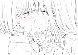  2girls after_kiss betock blush bow bowtie collarbone commentary_request ear_blush eye_contact from_side greyscale highres holding_hands interlocked_fingers long_hair looking_at_another monochrome multiple_girls noses_touching original profile saliva saliva_trail school_uniform short_hair spot_color tears upper_body yuri 