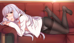 10s 1girl :d bad_id bad_pixiv_id black_pantyhose blunt_bangs blurry blush bokeh bow bow_panties couch crotch_seam depth_of_field eyebrows feet feet_up full_body hair_ribbon jacket kantai_collection kyuuso_inukami legs_up long_hair long_legs long_sleeves lying murakumo_(kancolle) no_pants no_shoes on_side open_clothes open_jacket open_mouth panties panties_under_pantyhose pantyhose red_bow red_ribbon ribbon short_eyebrows sidelocks silver_hair smile soles solo thighband_pantyhose tress_ribbon unbuttoned underwear white_panties yellow_eyes rating:Sensitive score:39 user:danbooru