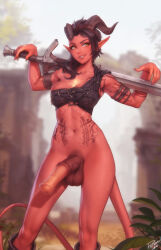  1girl animal_penis arm_tattoo baldur&#039;s_gate baldur&#039;s_gate_3 black_hair blurry blurry_background bottomless breasts colored_skin demon_girl demon_horns demon_tail dungeons_&amp;_dragons feet_out_of_frame futanari grin highres holding holding_sword holding_weapon horns horse_penis karlach large_breasts large_penis navel penis personal_ami pointy_ears red_skin smile solo standing stomach_tattoo sword tail tattoo testicles tiefling uncensored weapon yellow_eyes  rating:Explicit score:173 user:danbooru