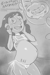 1boy 1girl abortion_mark absurdres age_difference big_belly bikini blush breasts cheating_(relationship) connie_maheswaran english_text greg_universe greyscale hetero highres japanese_text loli monochrome netorare one_eye_closed pregnant pregnant_loli steven_universe swimsuit tenseiani 