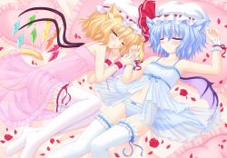  2girls animal_ears babydoll bad_id bad_pixiv_id blonde_hair blue_hair blush cat_ears cat_girl cat_tail chemise dog_ears dog_tail closed_eyes female_focus flandre_scarlet flower frilled_legwear hat hat_ribbon heart heart-shaped_pillow kemonomimi_mode light_smile lying multiple_girls navel on_back on_side panties petals pillow red_flower red_rose remilia_scarlet ribbon rose rose_petals see-through shimotsuki_keisuke siblings sisters sleeping tail thighhighs touhou underwear underwear_only white_legwear wings wrist_cuffs  rating:Questionable score:22 user:danbooru