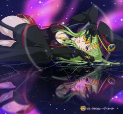  10s 1girl absurdres breasts cleavage elbow_gloves garter_belt glint gloves green_hair hat highres izumo_takaaki kiraboshi_(star_driver) large_breasts long_hair lying mask on_side solo star_driver thighhighs v_over_eye watanabe_kanako 